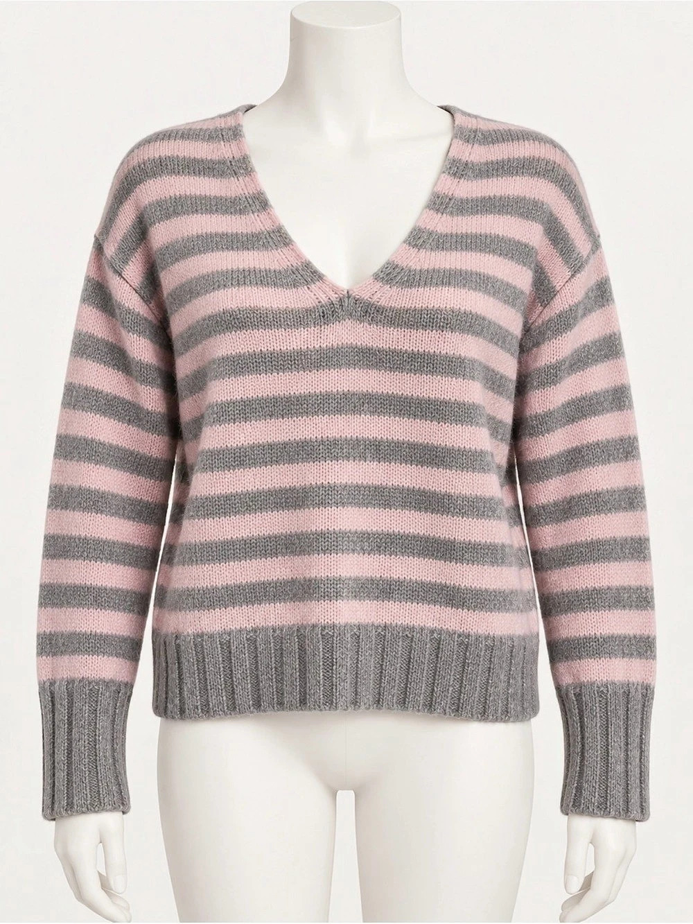 Striped V-Neck Sweater in Pink & Gray Like New